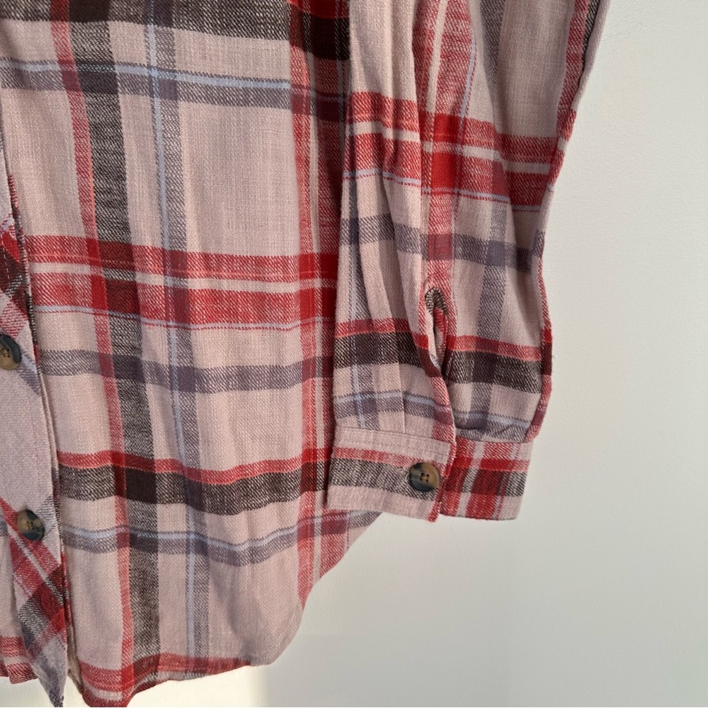 NWT Maurices Red and Brown Button Down Flannel Grey Hoodie Size Medium - Picture 3 of 6